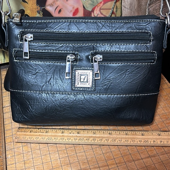 Stone Mountain USA Bag Black Leather w PVC Silver Zipper Pockets 9”Lx6.75”Hx2”D - Picture 3 of 17